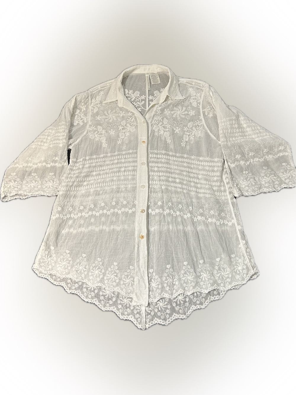 Vintage White Embroidered Button-Front Blouse